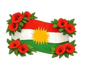 Kurdish Flag with Red Flowers and Green Leaves