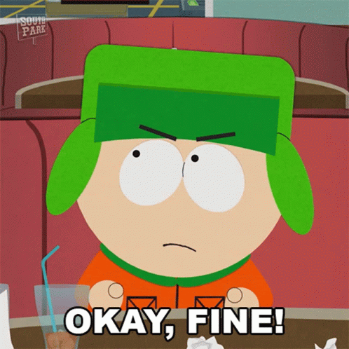 Kyle From South Park Is Sitting At A Table With A Drink And Says Okay Fine GIF