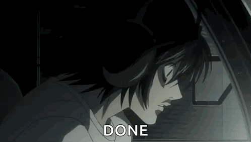 L From Death Note Is Sitting In A Car With His Eyes Closed And The Words `` Done '' Written On His Face . GIF