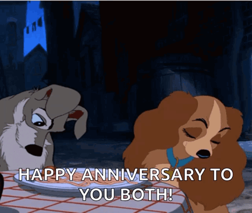 Lady And The Tramp Saying Happy Anniversary To You Both While Eating Spaghetti GIF