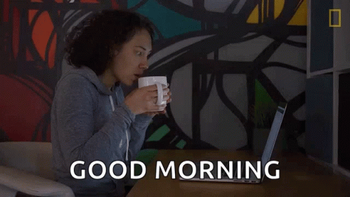 Lady Good Morning Work While Drinking Coffee GIF