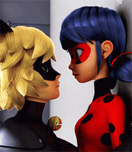 Ladybug And Cat Noir From Miraculous Ladybug Are Looking At Each Other While Leaning Against A Wall . GIF