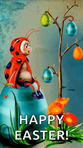Ladybug Sitting On Easter Egg Saying Happy Easter GIF