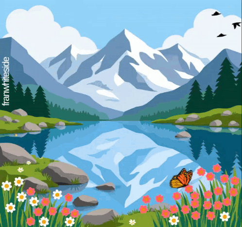 Lake with Mountains and Flowers