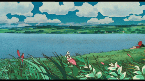 Landscape Painting With Lake And Flowers GIF
