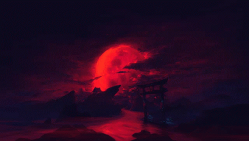 Landscape With Red Moon Behind Torii Gate