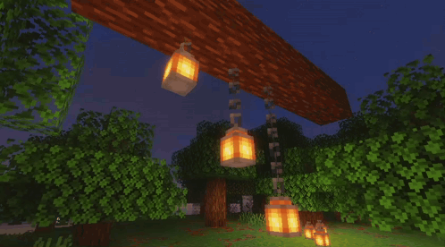 Lanterns Hanging From Wooden Pole In Minecraft GIF