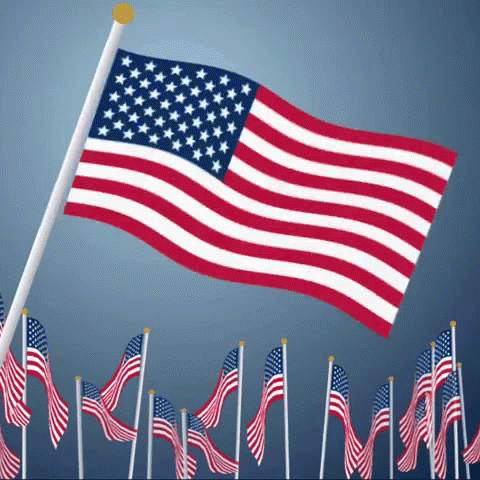 Large American Flag Waving with Smaller Flags