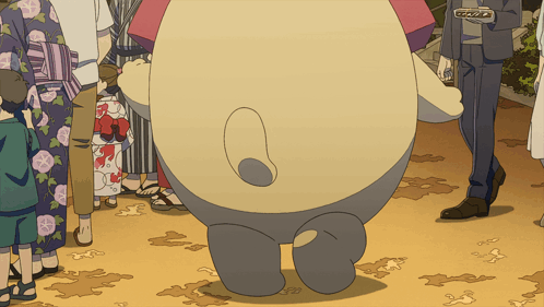 Large Belly Cartoon Character in Front of Group