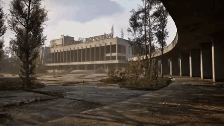 Large Building With Windows Surrounded By Trees GIF