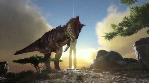 Large Dinosaur Standing In Field With Trees GIF