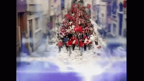 Large Group Walking Down Street Holding Flags