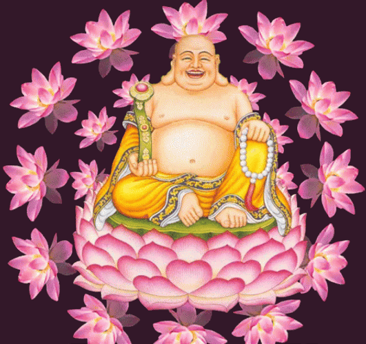 Laughing Fat Buddha Flowers Background GIF