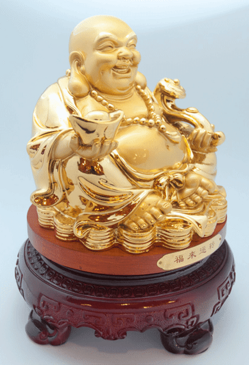 Laughing Golden Fat Buddha On Display GIF 