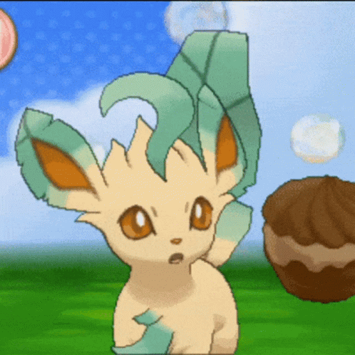 Leafeon Looking At Floating Cupcake GIF