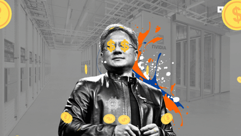 Leather Jacket Man With Coins And Nvidia Logo