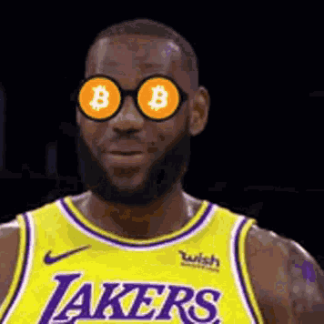 Lebron James in Yellow Lakers Jersey and Bitcoin Sunglasses