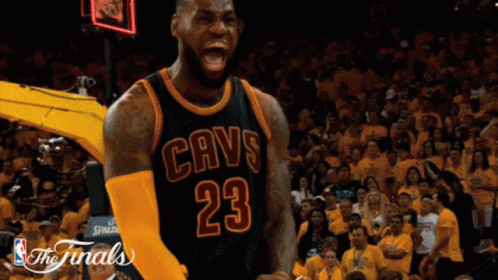 Lebron James Is Wearing A Cavs Jersey And Screaming In Front Of A Crowd GIF