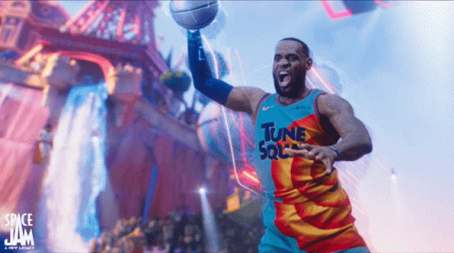 Lebron James Is Wearing A Tune Squad Jersey And Holding A Basketball GIF