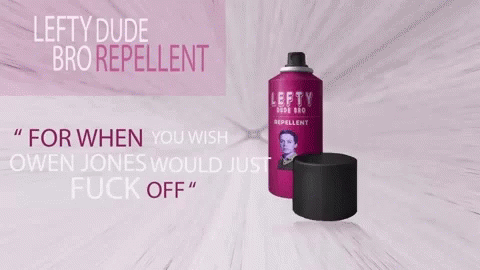 Lefty Dude Bro Repellent Bottle With Owen Jones Label GIF