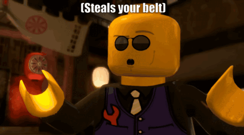 Lego Character With Sunglasses and Purple Vest Steals Your Belt