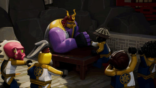 Lego Figures Around Table With Purple Samurai GIF