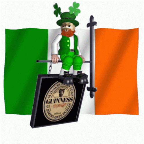 Leprechaun on Guinness Sign with Irish Flag