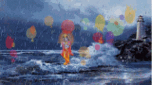 Lighthouse in Ocean With Balloons