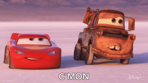 Lightning Mcqueen And Tow Truck Mater From Cars Are Standing Next To Each Other GIF