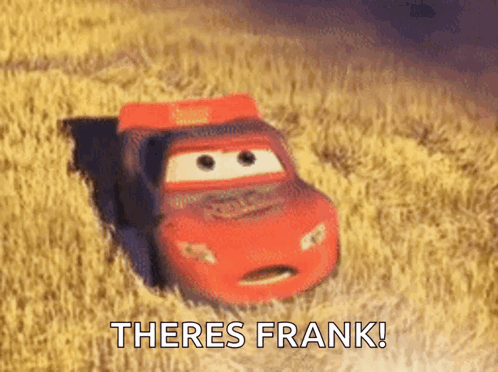 Lightning Mcqueen From Cars Is Driving Through A Field With The Words `` There 'S Frank ! '' GIF