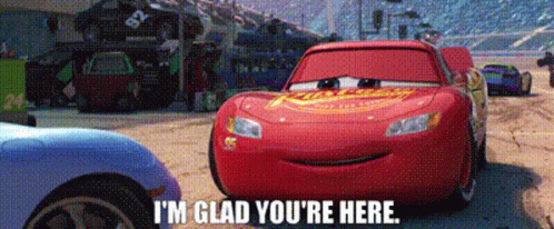 Lightning Mcqueen From The Movie Cars Is Standing Next To A Blue Car . GIF