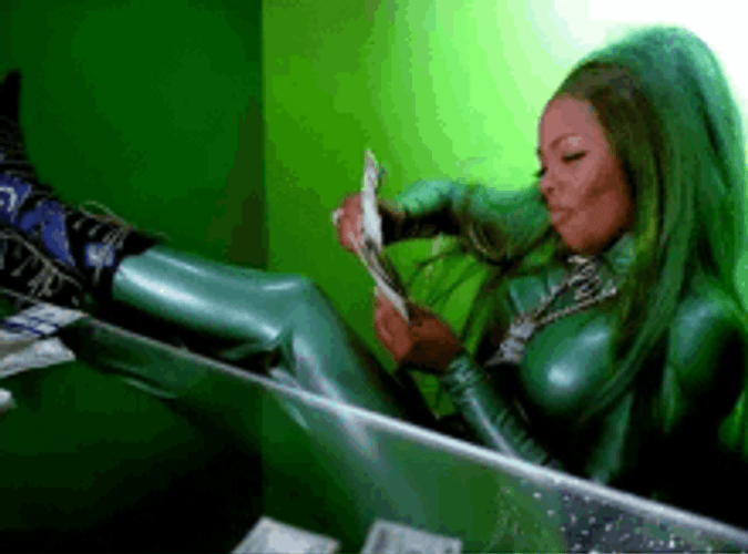 Lil Kim Green Outfit Counting Money Bags GIF