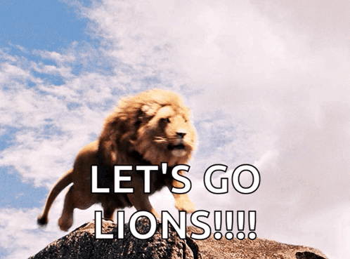 Lion Jumping Over Rock Saying Let's Go Lions GIF