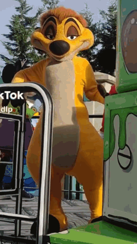 Lion King Mascot Standing in Front of Green Box Saying Tok