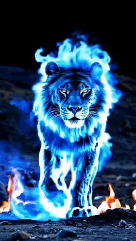 Lion Surrounded By Blue Flames And Fire GIF