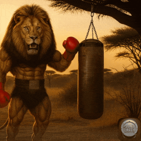 Lion Wearing Boxing Gloves Holding Punching Bag