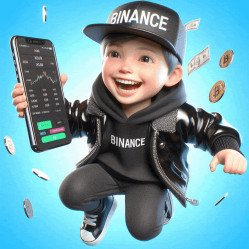 Little Boy In Binance Hat Holding Phone GIF