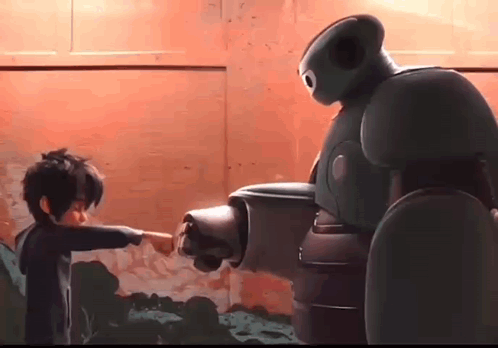 Little Boy Pointing at Robot