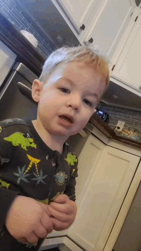 Little Boy Standing in Dinosaur Pajamas