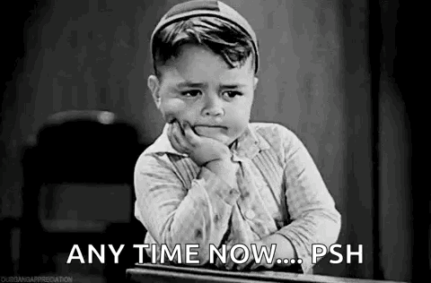Little Boy With Hand on Chin Saying Any Time Now Psh
