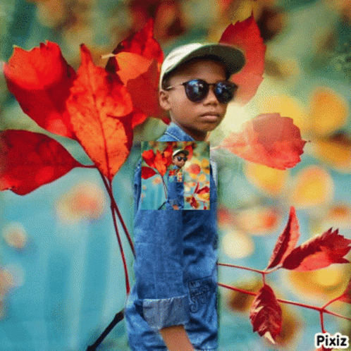 Little Boy With Sunglasses And Hat Among Leaves GIF