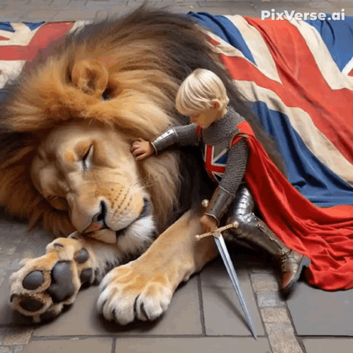 Little Boy With Sword Petting Lion