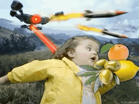 Little Girl Holding Lemons And Orange, Robot Shooting Missiles GIF