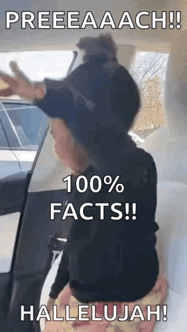 Little Girl in Back Seat With Hands Up