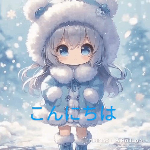 Little Girl In Blue Coat And White Hat In Snow With Chinese Writing GIF