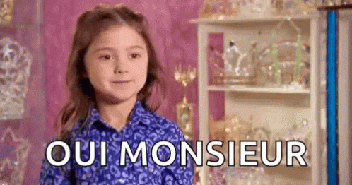 Little Girl in Blue Shirt Oui Monsieur