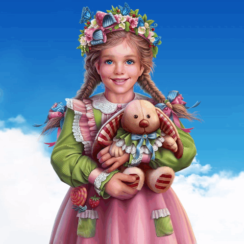 Little Girl In Pink Dress Holding Stuffed Bunny GIF