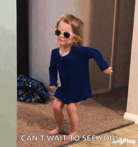 Little Girl in Sunglasses and Blue Dress Saying Can't Wait to See You