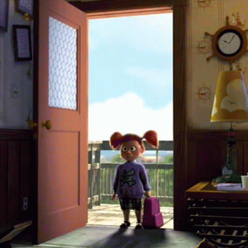 Little Girl Standing in Front of Open Door With Clock on Wall