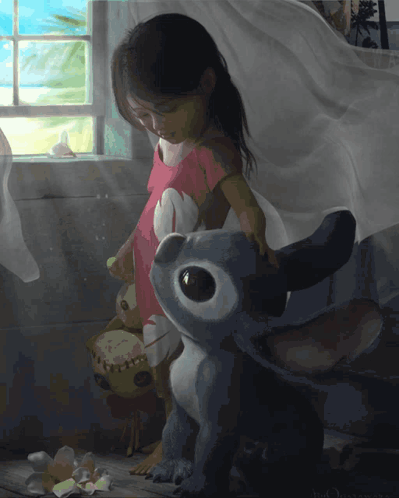 Little Girl Standing Next to Stuffed Stitch